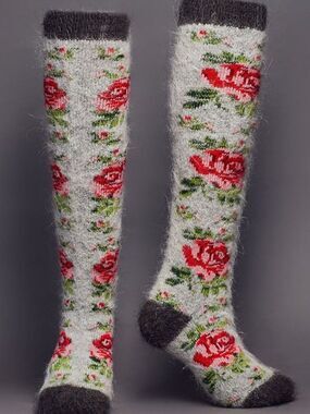 Siberia Spirit Cozy Gray and Red Floral Fuzzy Wool Long Knee-High Socks
